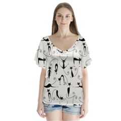 Pattern Cats Black Feline Kitten V-neck Flutter Sleeve Top by Ravend