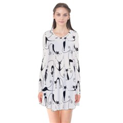 Pattern Cats Black Feline Kitten Long Sleeve V-neck Flare Dress by Ravend