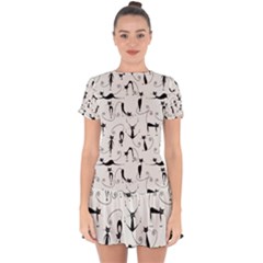 Pattern Cats Black Feline Kitten Drop Hem Mini Chiffon Dress by Ravend