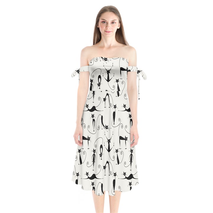 Pattern Cats Black Feline Kitten Shoulder Tie Bardot Midi Dress