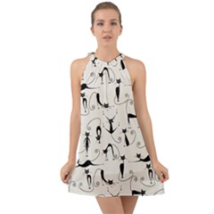 Pattern Cats Black Feline Kitten Halter Tie Back Chiffon Dress by Ravend