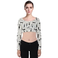 Pattern Cats Black Feline Kitten Velvet Long Sleeve Crop Top by Ravend