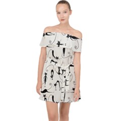 Pattern Cats Black Feline Kitten Off Shoulder Chiffon Dress by Ravend