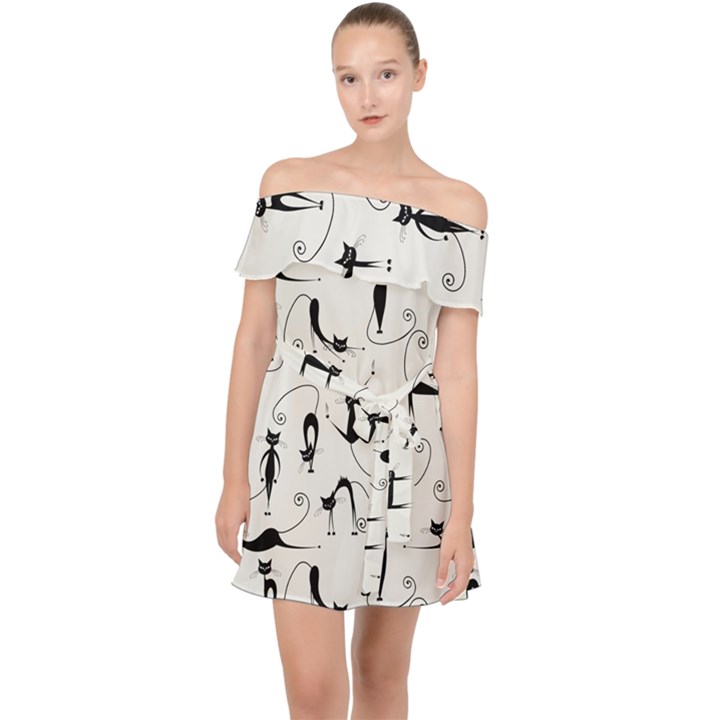 Pattern Cats Black Feline Kitten Off Shoulder Chiffon Dress