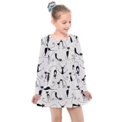 Pattern Cats Black Feline Kitten Kids  Long Sleeve Dress by Ravend