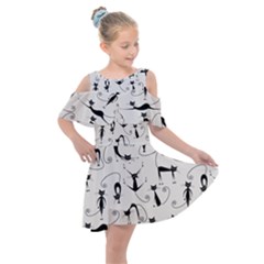 Pattern Cats Black Feline Kitten Kids  Shoulder Cutout Chiffon Dress by Ravend