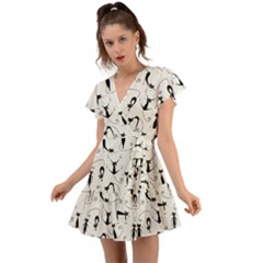 Pattern Cats Black Feline Kitten Flutter Sleeve Wrap Dress by Ravend