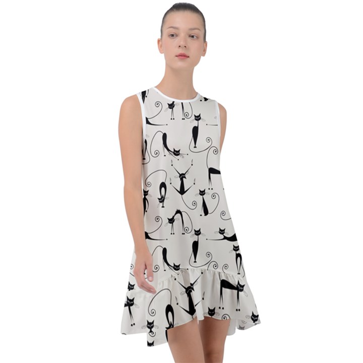 Pattern Cats Black Feline Kitten Frill Swing Dress