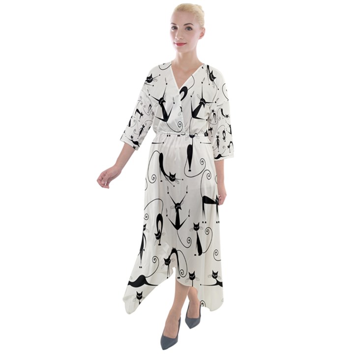 Pattern Cats Black Feline Kitten Quarter Sleeve Wrap Front Maxi Dress