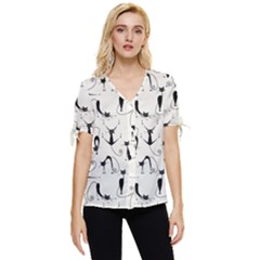 Pattern Cats Black Feline Kitten Bow Sleeve Button Up Top by Ravend