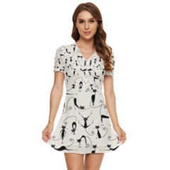 Pattern Cats Black Feline Kitten V-neck High Waist Chiffon Mini Dress by Ravend