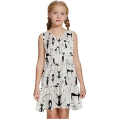 Pattern Cats Black Feline Kitten Kids  Sleeveless Tiered Mini Dress by Ravend