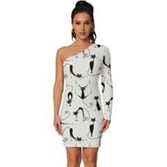 Pattern Cats Black Feline Kitten Long Sleeve One Shoulder Mini Dress by Ravend