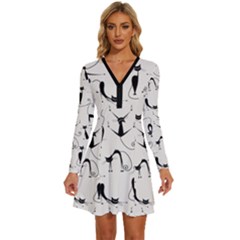 Pattern Cats Black Feline Kitten Long Sleeve Deep V Mini Dress  by Ravend