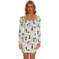 Pattern Cats Black Feline Kitten Long Sleeve Square Neck Bodycon Velour Dress by Ravend