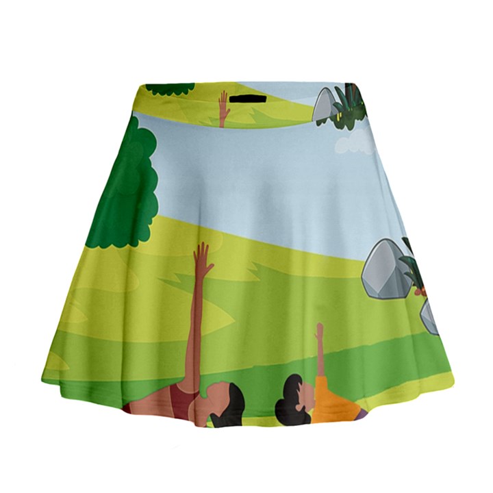 Mother And Daughter Yoga Art Celebrating Motherhood And Bond Between Mom And Daughter. Mini Flare Skirt