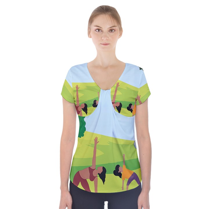 Mother And Daughter Yoga Art Celebrating Motherhood And Bond Between Mom And Daughter. Short Sleeve Front Detail Top