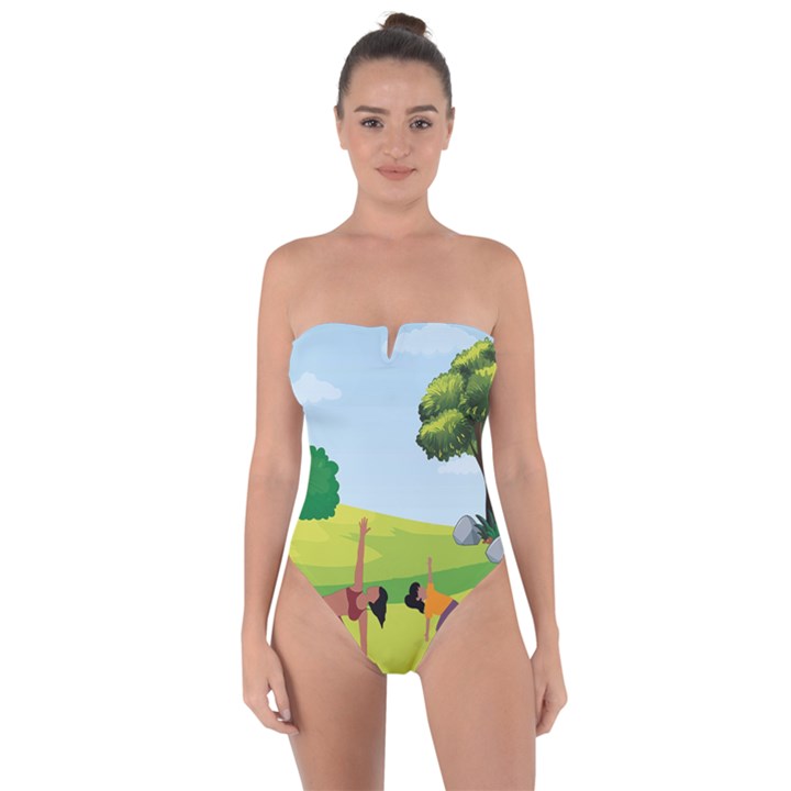 Mother And Daughter Yoga Art Celebrating Motherhood And Bond Between Mom And Daughter. Tie Back One Piece Swimsuit