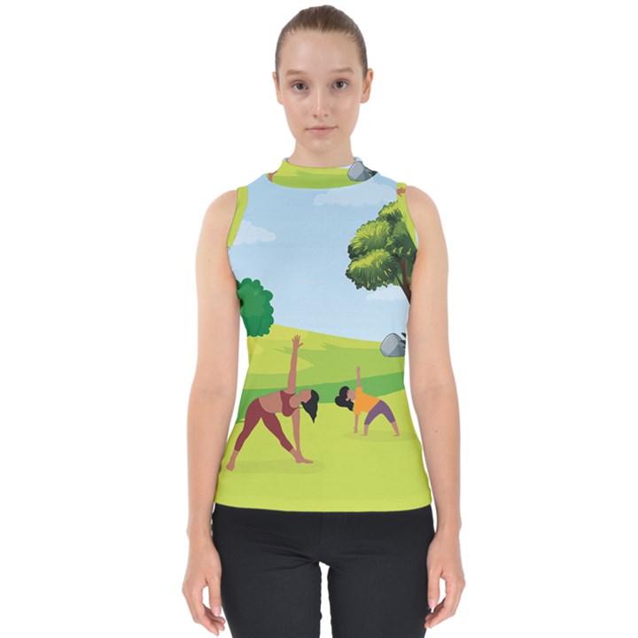 Mother And Daughter Yoga Art Celebrating Motherhood And Bond Between Mom And Daughter. Mock Neck Shell Top