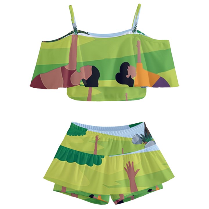 Mother And Daughter Yoga Art Celebrating Motherhood And Bond Between Mom And Daughter. Kids  Off Shoulder Skirt Bikini