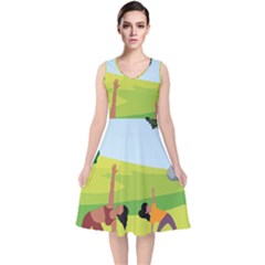 Mother And Daughter Yoga Art Celebrating Motherhood And Bond Between Mom And Daughter  V-neck Midi Sleeveless Dress 