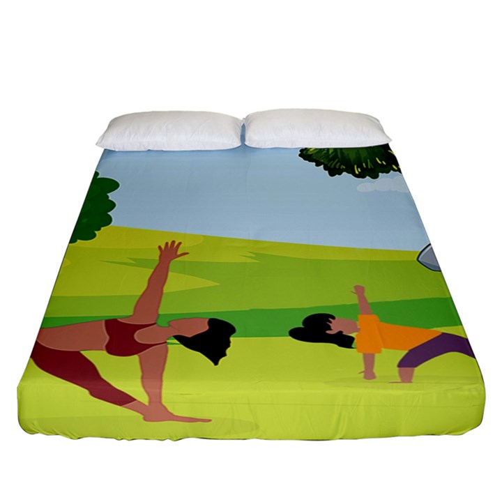 Mother And Daughter Yoga Art Celebrating Motherhood And Bond Between Mom And Daughter. Fitted Sheet (King Size)