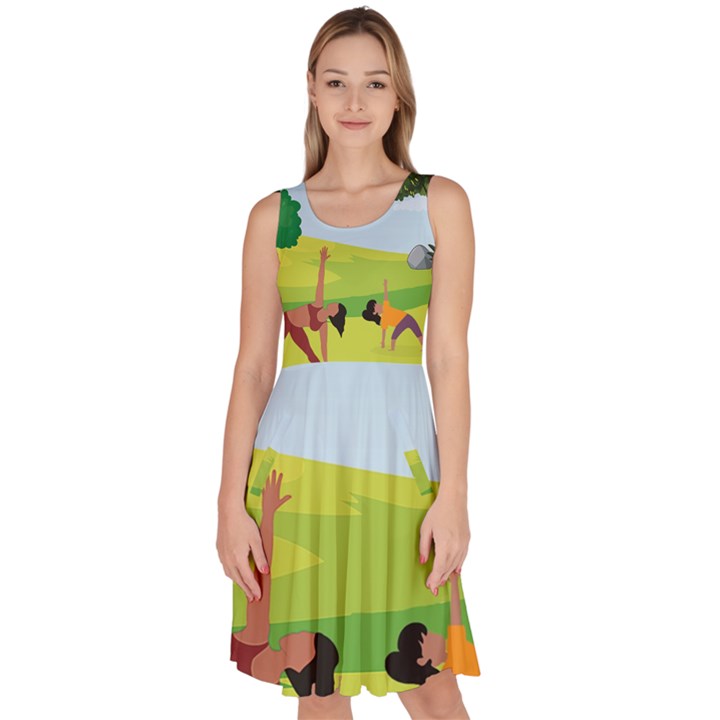 Mother And Daughter Yoga Art Celebrating Motherhood And Bond Between Mom And Daughter. Knee Length Skater Dress With Pockets