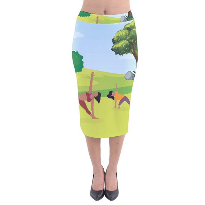 Mother And Daughter Yoga Art Celebrating Motherhood And Bond Between Mom And Daughter. Velvet Midi Pencil Skirt