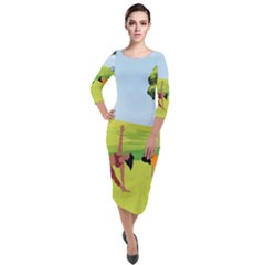 Mother And Daughter Yoga Art Celebrating Motherhood And Bond Between Mom And Daughter  Quarter Sleeve Midi Velour Bodycon Dress