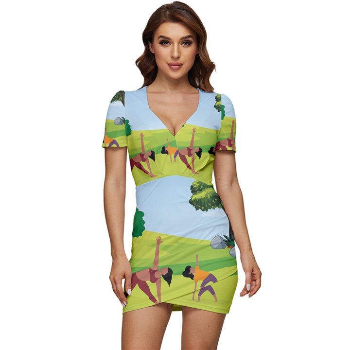 Mother And Daughter Yoga Art Celebrating Motherhood And Bond Between Mom And Daughter. Low Cut Cap Sleeve Mini Dress