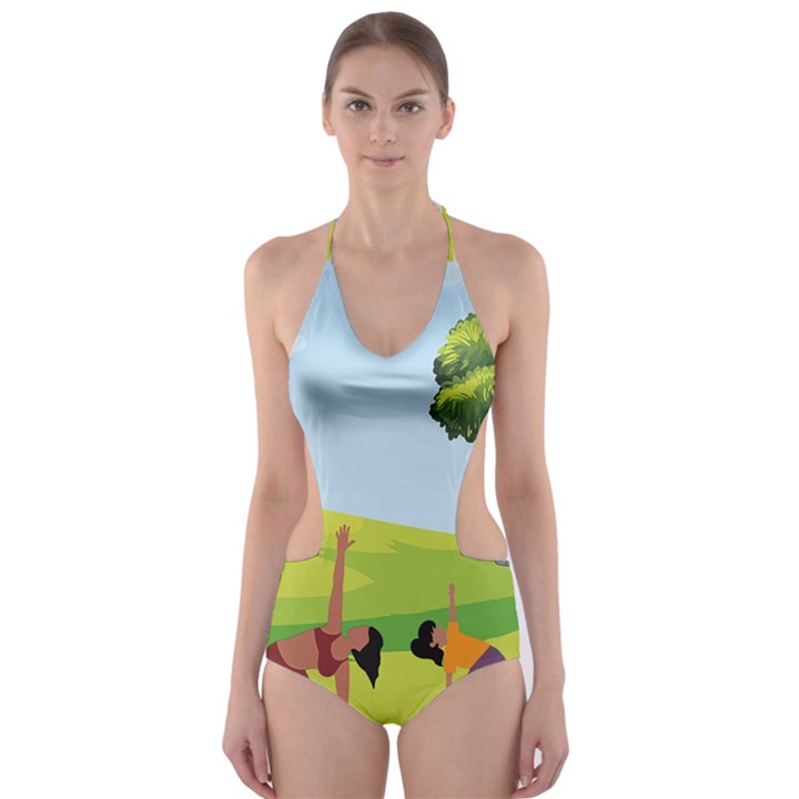 Mother And Daughter Yoga Art Celebrating Motherhood And Bond Between Mom And Daughter. Cut-Out One Piece Swimsuit