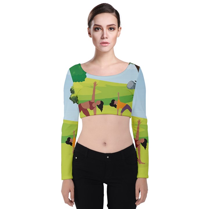 Mother And Daughter Yoga Art Celebrating Motherhood And Bond Between Mom And Daughter. Velvet Long Sleeve Crop Top