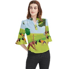 Mother And Daughter Yoga Art Celebrating Motherhood And Bond Between Mom And Daughter  Loose Horn Sleeve Chiffon Blouse