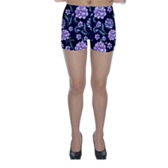 Elegant Purple Pink Peonies In Dark Blue Background Skinny Shorts by augustinet