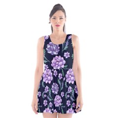 Elegant Purple Pink Peonies In Dark Blue Background Scoop Neck Skater Dress by augustinet