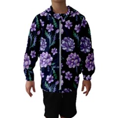 Elegant Purple Pink Peonies In Dark Blue Background Kids  Hooded Windbreaker