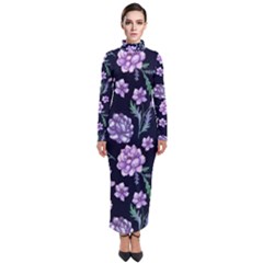 Elegant Purple Pink Peonies In Dark Blue Background Turtleneck Maxi Dress by augustinet