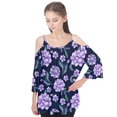 Elegant Purple Pink Peonies In Dark Blue Background Flutter Tees