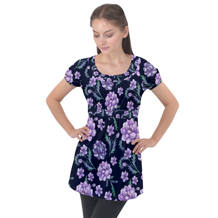 Elegant purple pink peonies in dark blue background Puff Sleeve Tunic Top