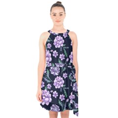 Elegant Purple Pink Peonies In Dark Blue Background Halter Collar Waist Tie Chiffon Dress