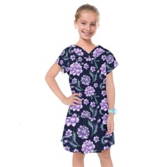 Elegant Purple Pink Peonies In Dark Blue Background Kids  Drop Waist Dress by augustinet