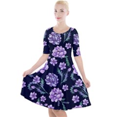 Elegant Purple Pink Peonies In Dark Blue Background Quarter Sleeve A-line Dress