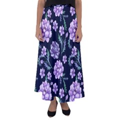 Elegant Purple Pink Peonies In Dark Blue Background Flared Maxi Skirt by augustinet