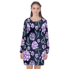 Elegant Purple Pink Peonies In Dark Blue Background Long Sleeve Chiffon Shift Dress 