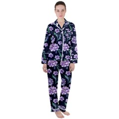 Elegant Purple Pink Peonies In Dark Blue Background Women s Long Sleeve Satin Pajamas Set	