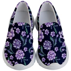 Elegant Purple Pink Peonies In Dark Blue Background Kids Lightweight Slip Ons by augustinet