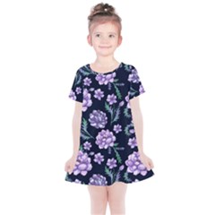 Elegant Purple Pink Peonies In Dark Blue Background Kids  Simple Cotton Dress by augustinet