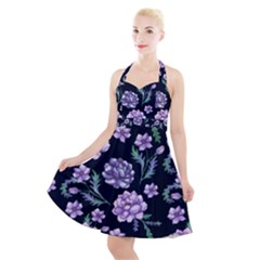 Elegant Purple Pink Peonies In Dark Blue Background Halter Party Swing Dress  by augustinet