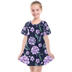 Elegant Purple Pink Peonies In Dark Blue Background Kids  Smock Dress by augustinet