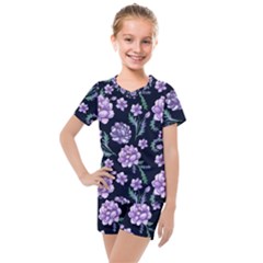 Elegant Purple Pink Peonies In Dark Blue Background Kids  Mesh Tee And Shorts Set